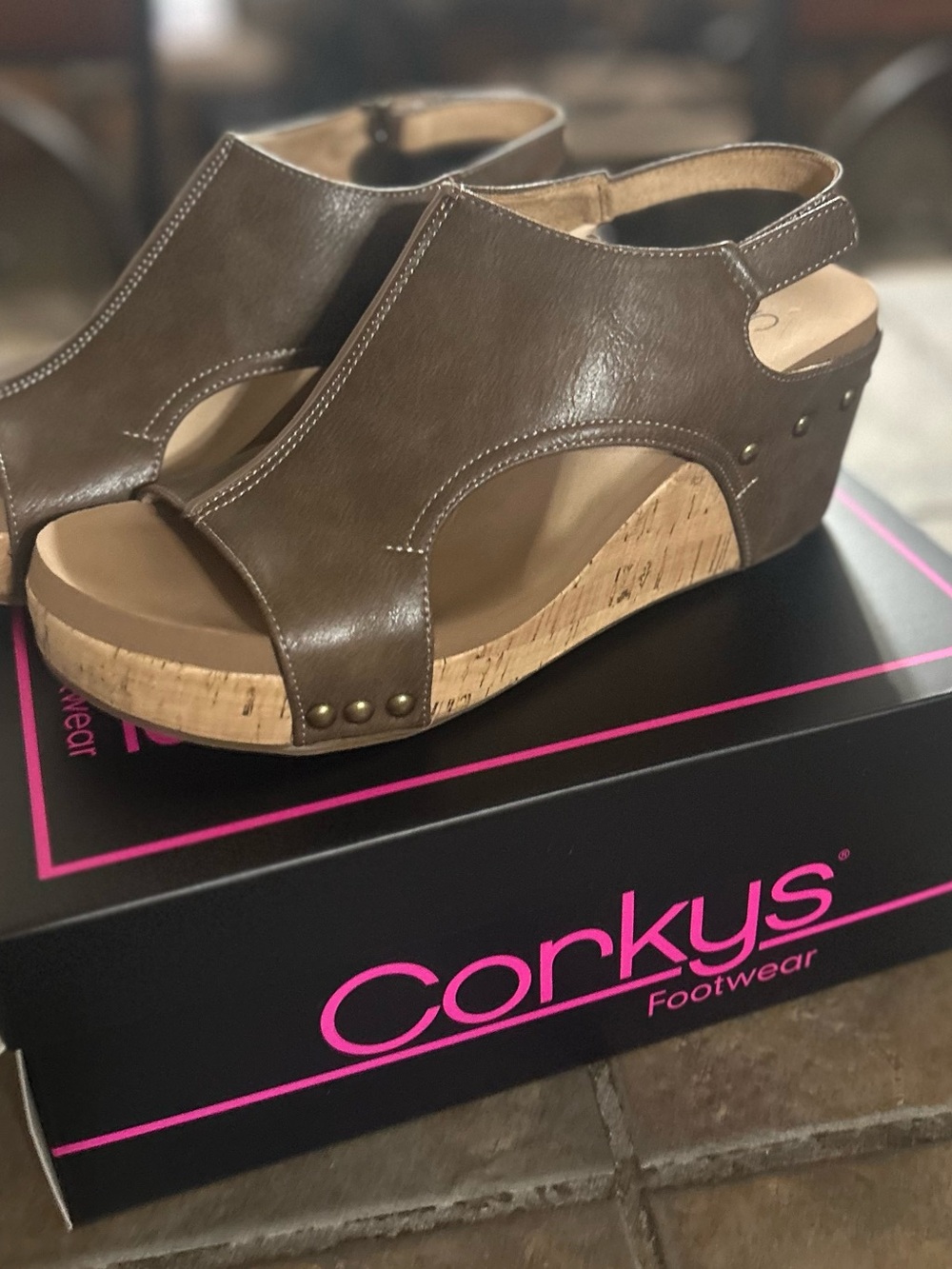 Corkys Carley Chestnut Open-Toe Cork Wedge Sandals - Picture 2 of 5